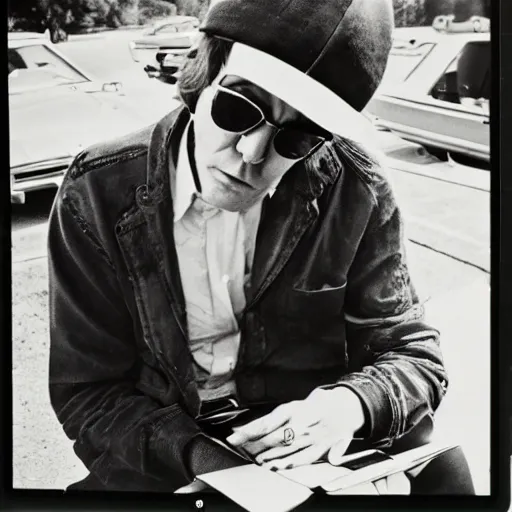 Image similar to 1 9 7 0 s vintage photograph of hunter s. thompson using an ipad, very detailed, very intricate,