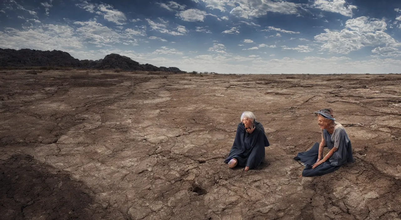 Image similar to 65-year-old Gaia crying unemotionally as she sits on a dried up river in a desolate land, blue sky, hot and sunny, highly-detailed, elegant, dramatic lighting, artstation, 4k, cinematic landscape, photograph by Elisabeth Gadd