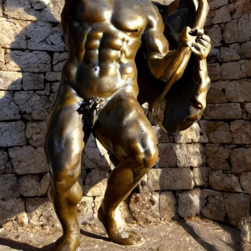 Image similar to a photo of a bronze statue of a minotaur bright day on the greek island of