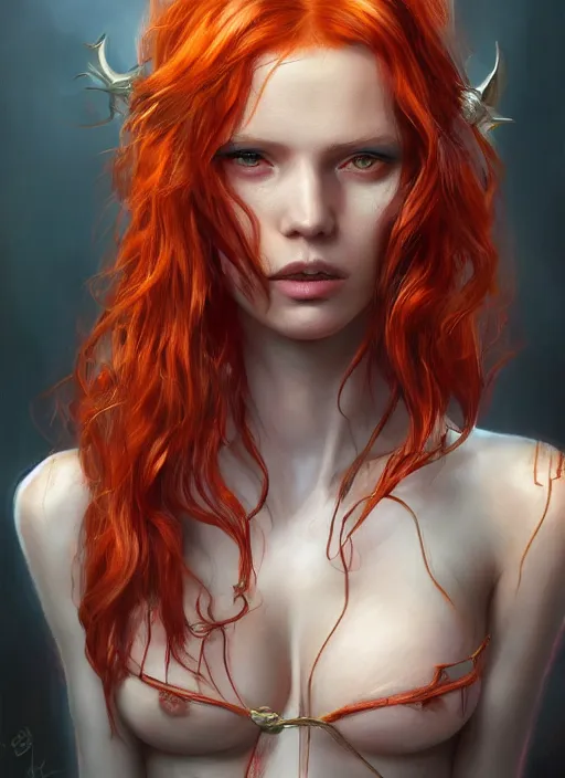 Image similar to Beautiful redhead girl which chest wrapped in bandages, portrait, fantasy, medieval, vivid colors, fantasy, elegant, concept art, sharp focus, beautiful face, digital art, Hyper-realistic, 4K, Unreal Engine, Highly Detailed, HD, Dramatic Lighting by Brom, trending on Artstation