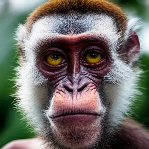 Image similar to A guy with a monkey head, human monkey hybrid, (EOS 5DS R, ISO100, f/8, 1/125, 84mm, postprocessed, crisp face, facial features)