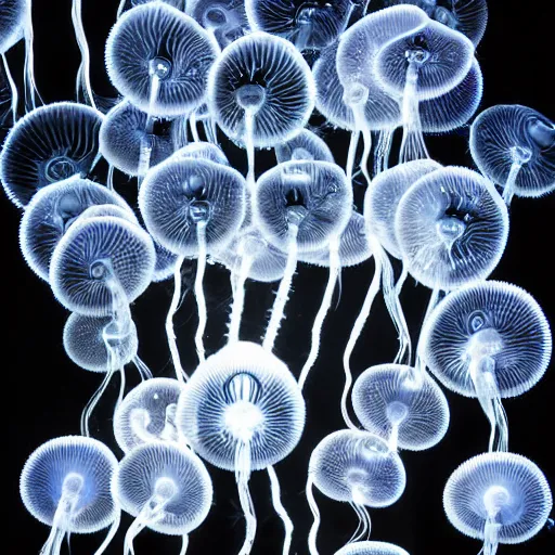 Image similar to bioluminiscent jellyfishes, award winning black and white photography