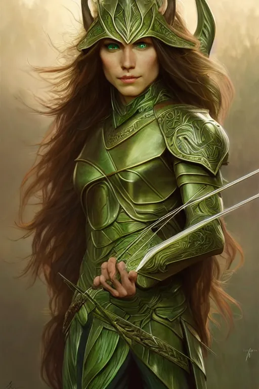 Image similar to male elven Archer armor made of green leaves, fantasy, amber eyes, face, long hair, intricate, elegant, highly detailed, digital painting, artstation, concept art, smooth, sharp focus, illustration, art by artgerm and greg rutkowski and alphonse mucha