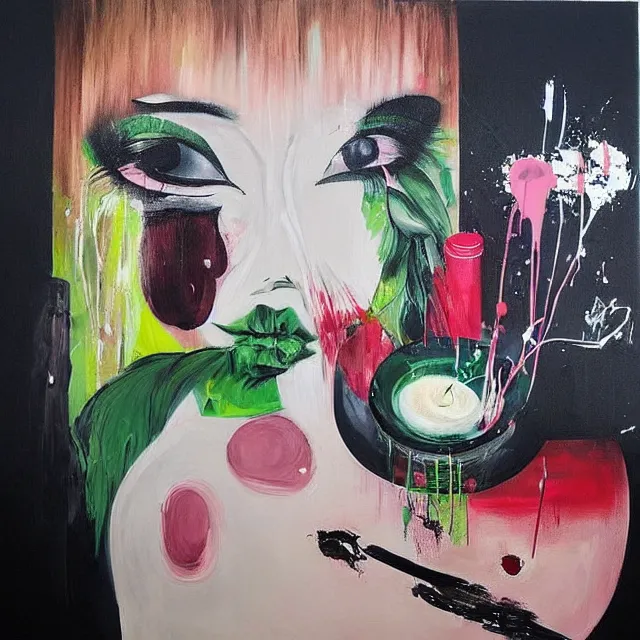 Image similar to “ a portrait in a female art student ’ s apartment, sensual, a pig theme, art supplies, paint tubes, ikebana, herbs, a candle dripping white wax, black walls, squashed berries, berry juice drips, acrylic and spray paint and oilstick on canvas, surrealism, neoexpressionism ”