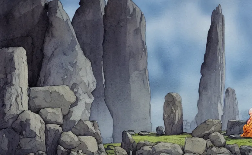 Image similar to a hyperrealist watercolor fantasy concept art of giant monk with a long forehead in grey robes sitting in stonehenge. several large stones are floating in the air. in the background a large ufo is in the sky. by rebecca guay, michael kaluta, charles vess