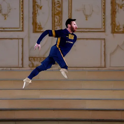 Prompt: lionel messi wearing dancing ballet on the Odessa Opera Theatre stage