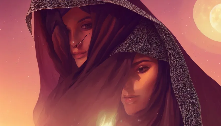 Image similar to Portrait of very very very very very very beautiful Arab woman wearing a Niqab, glowing magical eyes, energy trails, under giant full moon in the desert, intricate, elegant, highly detailed, digital painting, artstation, concept art, smooth, sharp focus, illustration, art by artgerm and greg rutkowski and alphonse mucha