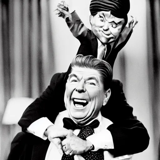 Image similar to dwarf trump getting a piggy - back ride from ronald reagan