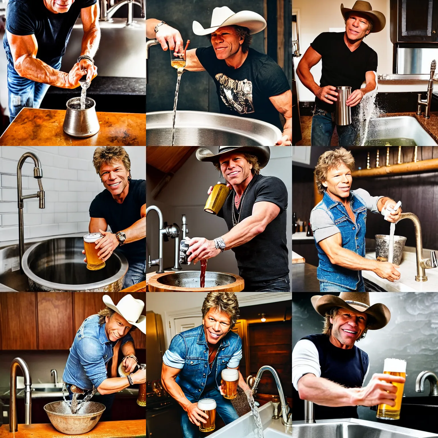 Image similar to photograph of Jon Bon Jovi with cowboy hat pouring beer from a tap into a dirty bowl in the kitchen sink