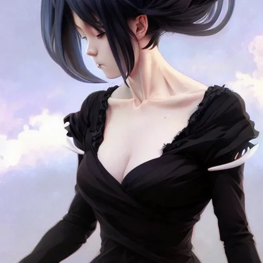 Prompt: anime girl, black dress, white hair!!!, windswept, black crown, upper body, d & d, fantasy, intricate, elegant, highly detailed, digital painting, artstation, concept art, smooth, sharp focus, illustration, art by artgerm, greg rutkowski, alphonse mucha