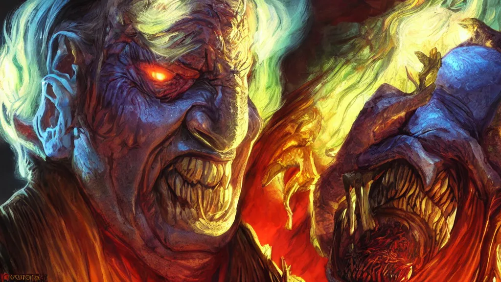 Prompt: bright, colorful, realistic, detailed from Elder Scrolls: Shivering isles concept art of The Mad God Sheogorath with a madsmile backlighting, kodachrome, high contrast, highly detailed, sharp focus, digital painting, concept art, illustration, trending on artstation, comic book by Alex Ross and Adam Adamowicz cover art