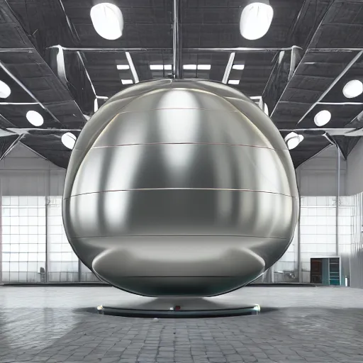 Image similar to big metallic capsule connected to pipelines, purpose is pump, standing in large industrial hall, designed by best engineers, raytracing, reflections