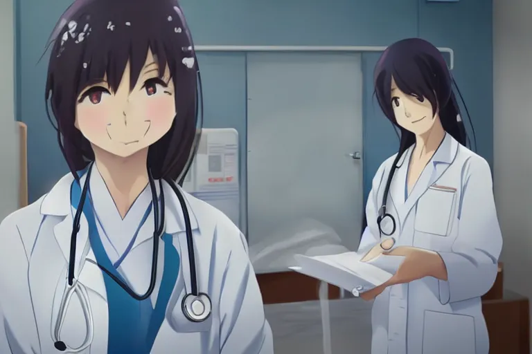 Image similar to a cute young lady, a doctor wearing white coat in hospital ward, slice of life anime, anime scenery by Makoto shinkai