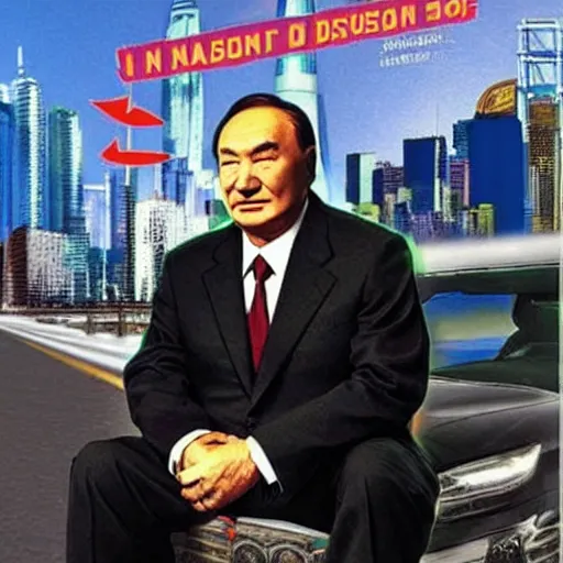 Image similar to Nursultan Nazarbayev in style of a GTA poster