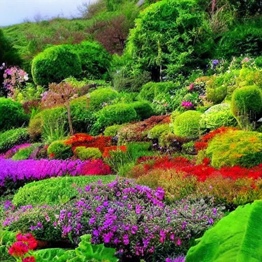 Prompt: a gorgeous garden on the edge of a cliff filled with beautiful flowers of all colors and from all around the world