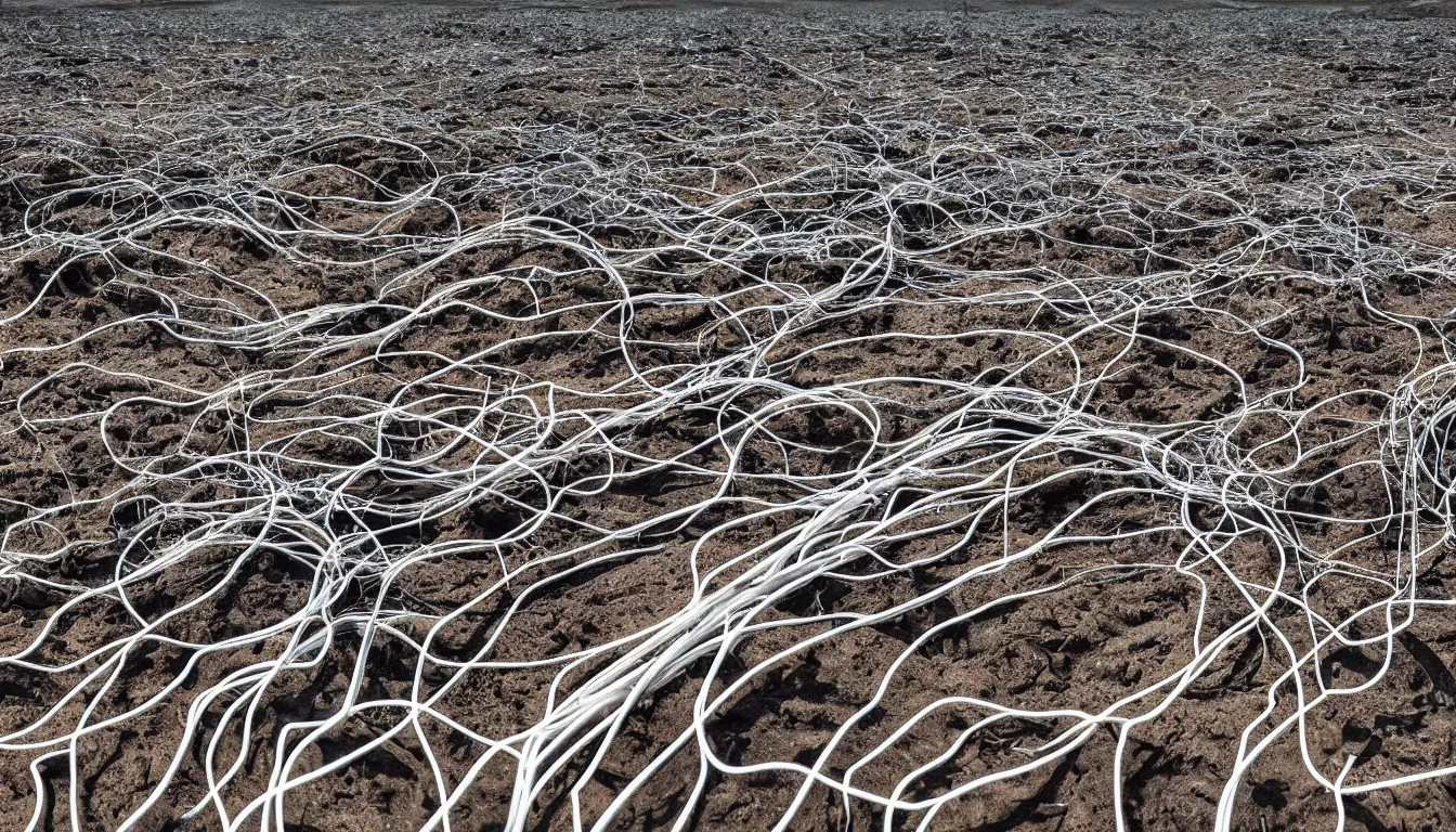 Prompt: Dry rivers scattered with hundreds of fish skeletons , decimated barren lands littered with emerging wires and cables that grow like plants , full colour , upscale , 4k