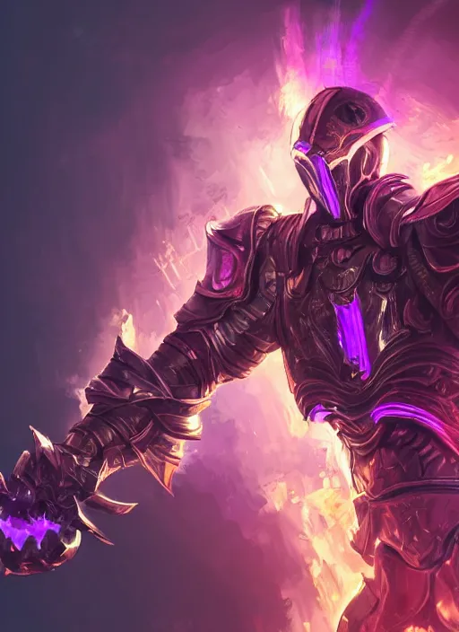 Image similar to a highly detailed illustration of futuristic cyber knight with flowing flaming plume with arm blades, rigid bulky armor, glowing purple line cracks in armor, dramatic standing pose, intricate, elegant, highly detailed, centered, digital painting, artstation, concept art, smooth, sharp focus, league of legends concept art, WLOP