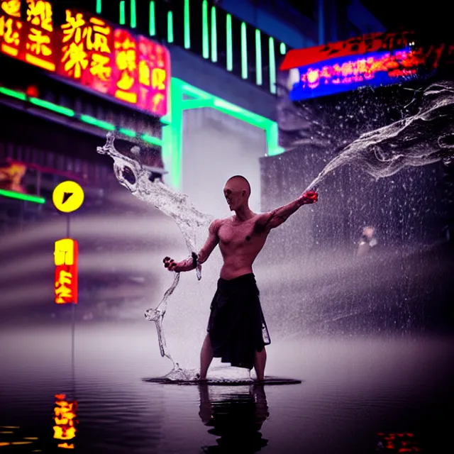 Image similar to cyborg monk water dance supreme water fist, detailed animal form water, fighting stance energy, shibuya prefecture, cinematic neon uplighting, fog mist smoke, photorealistic, night photography by tomino - sama