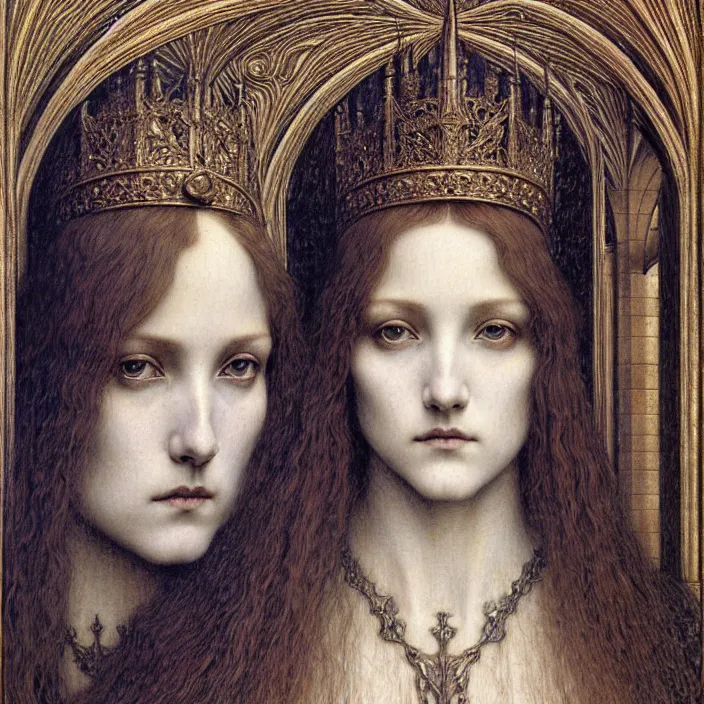 Image similar to detailed realistic beautiful young medieval queen face portrait by jean delville, gustave dore and marco mazzoni, art nouveau, symbolist, visionary, gothic, pre - raphaelite. horizontal symmetry