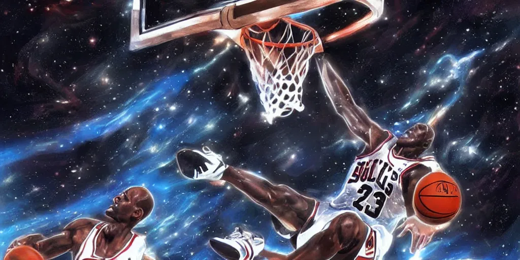 Prompt: digital painting of michael jordan dunking a basketball in space, by vincent di fate and takehiko inoue, highly detailed, science fiction, anime, ghost in the shell color scheme, masterpiece