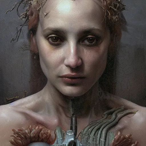 Prompt: a chamomile | highly detailed oil painting, hyperrealistic, very intrincate | cinematic lighting, award - winning | by roberto ferri, giger, beksinski and tom bagshaw | by austin osman spare and william blake, trending on artstation, cgsociety, official art, octane.