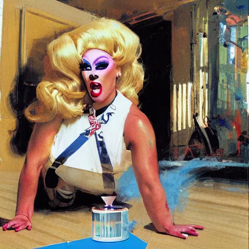 Prompt: drag queen licks the powder, lies on the parquet by john berkey