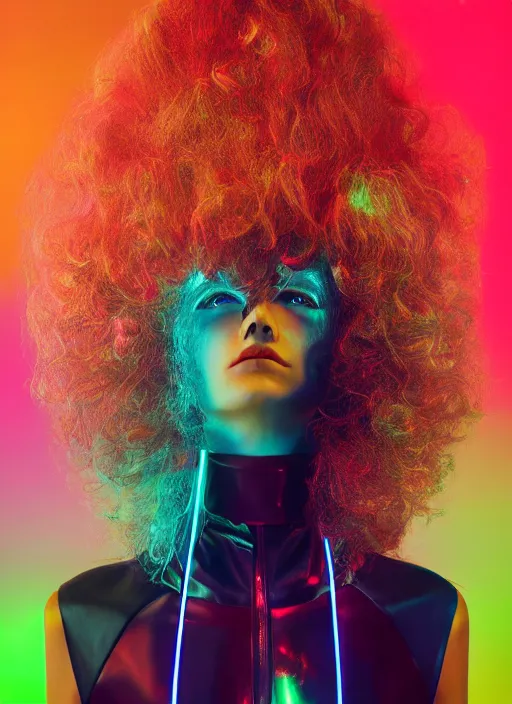 Prompt: vertical photo of polish female in chromatic futuristic suit, blonde, curly hair, symmetrical beautiful face, cyberpunk, native costume, standing in the dark room, prismatic neon, fashion editorial photography, hyperrealistic, from vogue magazine, reflections, refraction, gold, teal, orange