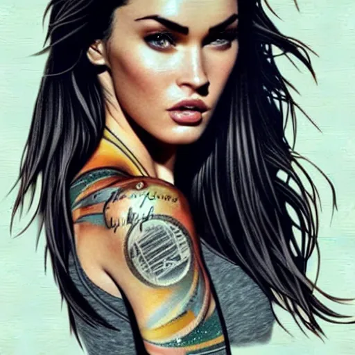 Image similar to realism tattoo sketch of double exposure megan fox with beautiful mountain scenery, in the style of andrey lukovnikov