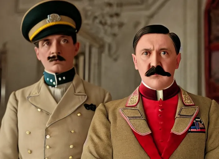 Image similar to a film still of a pompous gay adolf hitler in the grand budapest hotel ( 2 0 1 4 ) )