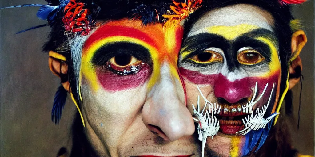 Image similar to ney matogrosso with paint on face, feathers, leather, lace, gold wings on head, tibetan skeleton dancer, painting by gottfried helnwein, max ernst