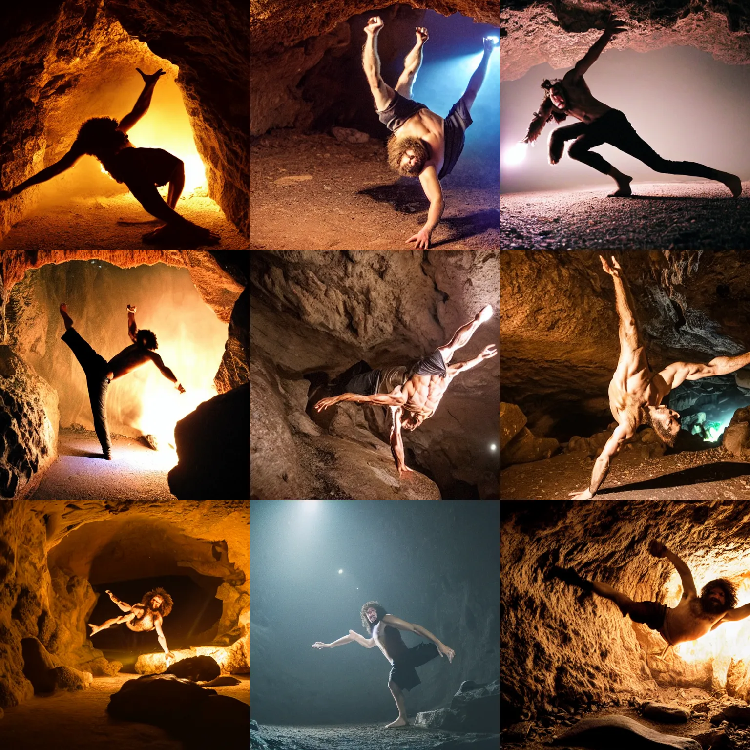 Prompt: a caveman breakdancing at night in a cave. The only light is from a fire.
