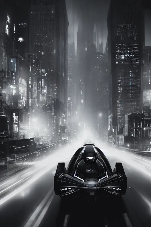 Image similar to the batmobile driving through gotham city at night. fluorescent light. pov from behind the wheel. octane render. 8 k. monochrome. black and white. mist. atmospheric. cinematic. hdr, raytracing, global illumination. a matte painting by ash thorp.