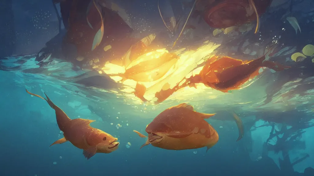 Image similar to digital underwater art of a happy flat pancake fish swimming in syrup, cute, 4 k, fish made of pancake, fantasy food world, living food adorable pancake, vivid atmospheric lighting, by makoto shinkai, studio ghibli, greg rutkowski, ross tran