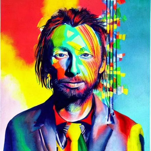 Image similar to cheerful, bright, colorful, sunny, and very detailed portrait of thom yorke, painted by max ernst