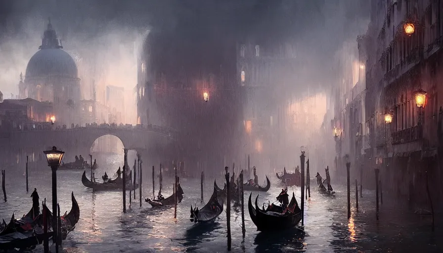 Image similar to Venice turned to a Dieselpunk city, steam, dieselpunk gondola, oil petroleum rivers, epic composition, intricate, elegant, volumetric lighting, digital painting, highly detailed, artstation, sharp focus, illustration, concept art, ruan jia, steve mccurry