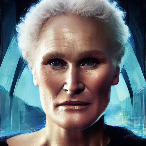 Image similar to glenn close, hyperrealistic portrait, bladerunner street, art of elysium by jeremy mann and alphonse mucha, fantasy art, photo realistic, dynamic lighting, artstation, poster, volumetric lighting, very detailed face, 4 k, award winning