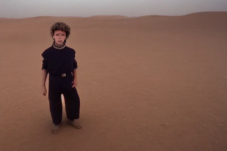 Image similar to a cinematic wide angle shot of a boy in the movie dune, in a serene vast desert, stormy weather, dry, film still, cinematic, movie still, dramatic lighting, 1 6 : 9 ratio