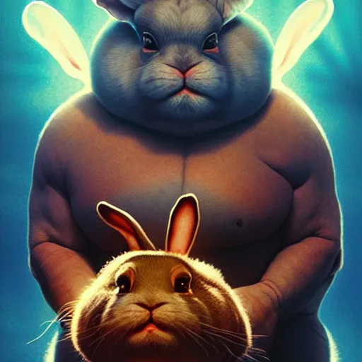 Image similar to hyper realistic, space balls the movie, portrait of a mega derpy john candy, big chungus, with bunny ears, stoned, by greg rutkowski, scott m fischer, artgerm, loish, slight glow, atmospheric, anne stokes, alexandros pyromallis