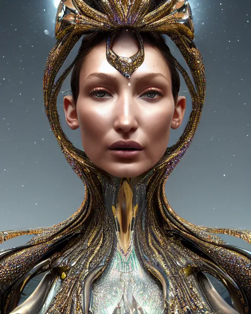 Image similar to a highly detailed metahuman 4 k close up render of an alien goddess bella hadid monument celine bernaerts makeup in iris van herpen dress schiaparelli in diamonds crystals swarovski and jewelry iridescent in style of alphonse mucha gustav klimt trending on artstation made in unreal engine 4