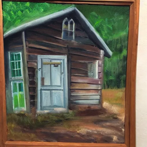 Prompt: oil painting of cabin with a door made out of potatoes