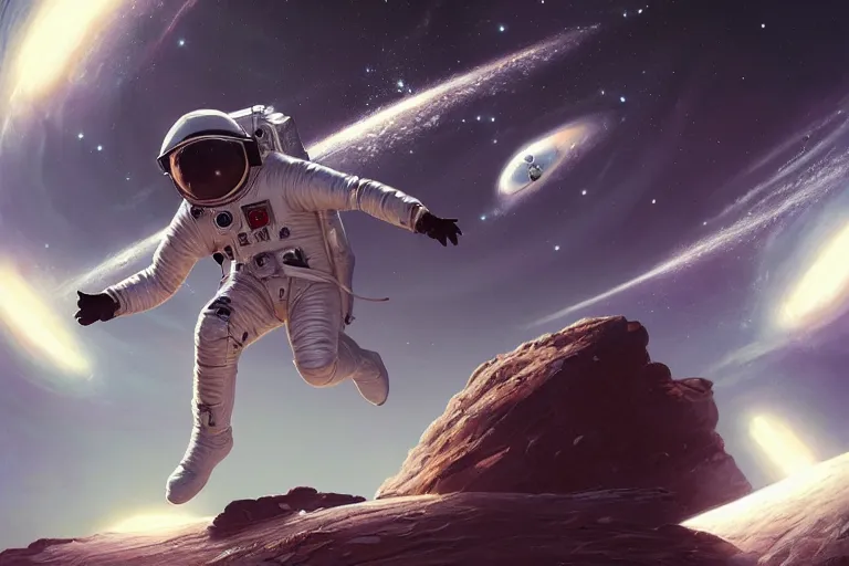 Prompt: ultra realistic digital painting of an astronaut floating in space, by greg rutkowski and artgerm, detailed, intricate, sharp focus, symmetry, sci - fi, fantasy, neon lights, galaxies, stars, space, realism, artstation, cinematic lighting, portrait, trippy, psychedelic art