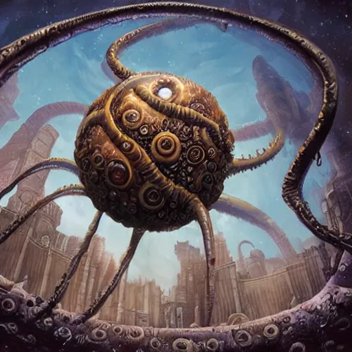 Image similar to a spherical eldritch horror with multiple eyestalks and a large central eye floating in the air above a fantasy medieval city