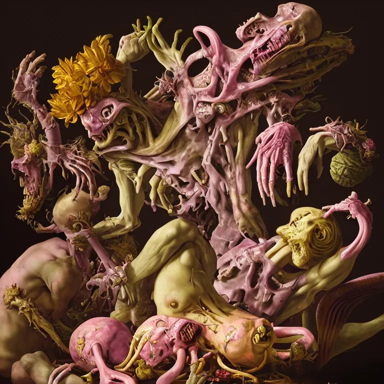 Prompt: still life of rotten flesh, beautiful pastel tropical alien flowers, human spine, colorful mold, baroque painting, beautiful detailed intricate insanely detailed octane render, 8K artistic photography, photorealistic, chiaroscuro, Raphael, Caravaggio