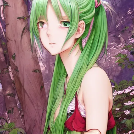 Image similar to adult girl with long light green hair, light green eyes, a small pigtail on the left side, chinese dress, chinese style, anime style, hyper detailed, light green dress, illustration, digital painting, art by artgerm and greg rutkowski and alphonse mucha, high delicate defined details, anime stylized, highly detailed, realistic, sharp focus