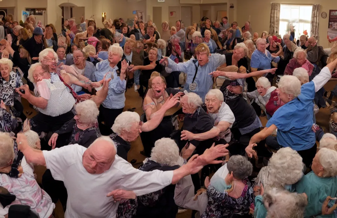 Prompt: a mosh pit at a nursing home with flashing lights