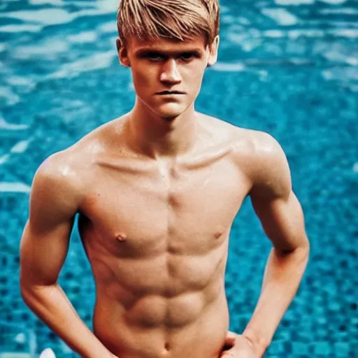 Image similar to a realistic detailed photo of a guy who is an attractive humanoid who is half robot and half humanoid, who is a male android, soccer player martin ødegaard, shiny skin, posing like a statue, blank stare, by the pool, on display, showing off his muscles