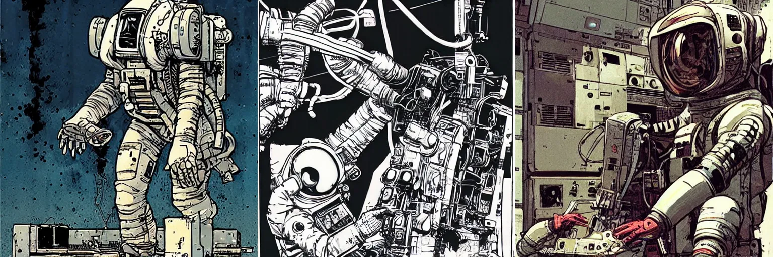 Prompt: a four-armed astronaut repairing a machine, cyberpunk by Ashley Wood and Moebius