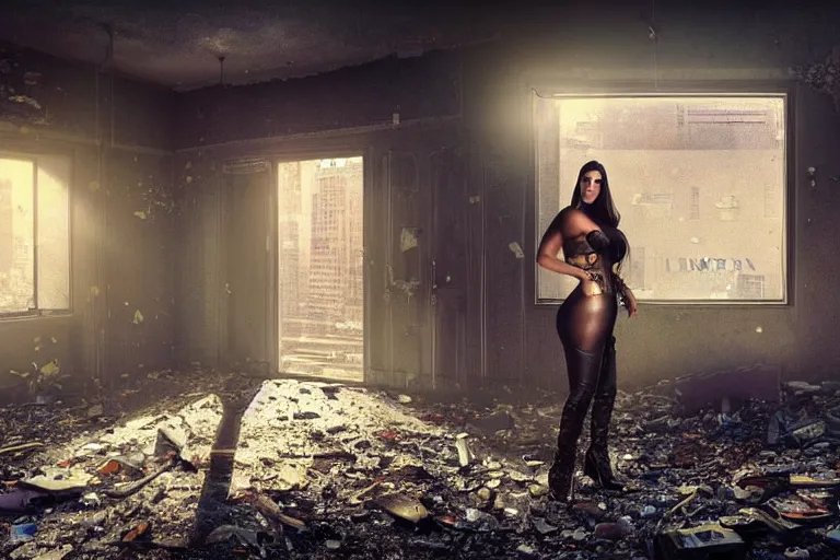 Prompt: photo still of kim kardashian as a cop inside a derelict apartment, glowing walkie talkie, realistic, wide shot, symmetrical, highly detailed, digital photo, instagram, hyper realistic, smooth, sharp focus, illustration, cinematic lighting, art by artgerm and greg rutkowski and alphonse mucha