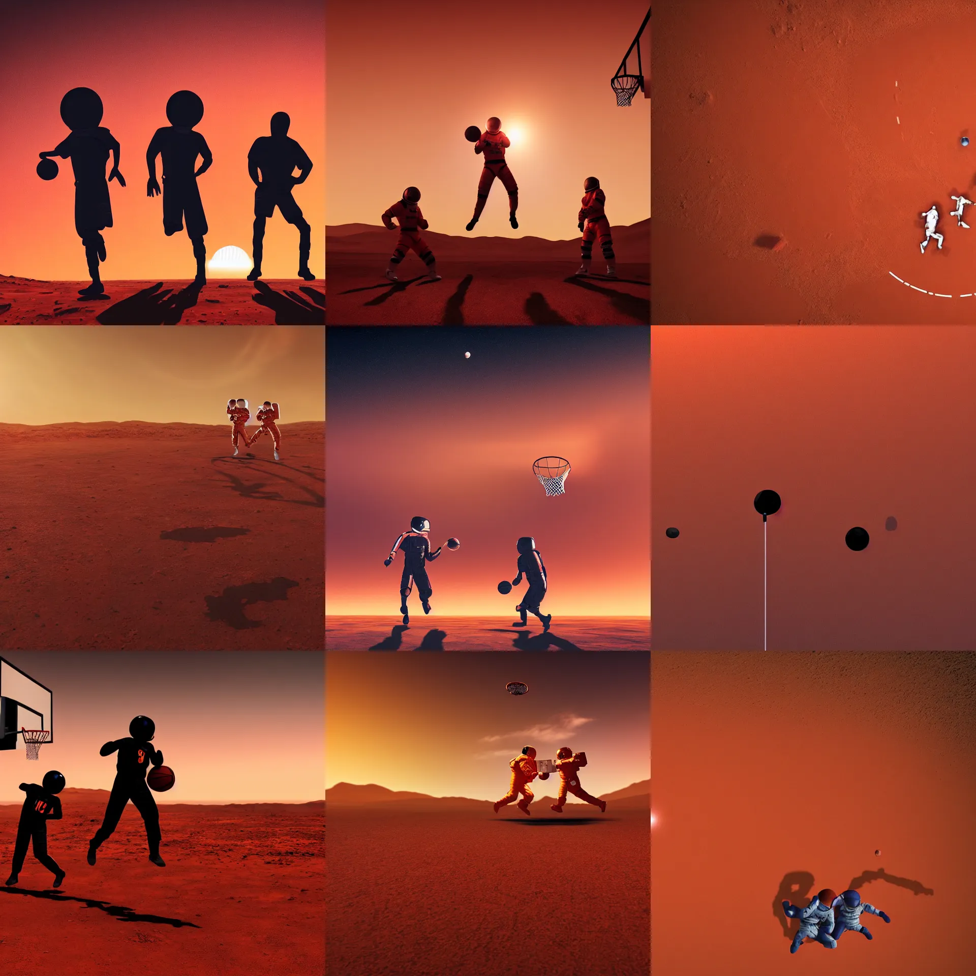 Prompt: Two astronauts playing basketball on the surface of mars, red and orange sunset sky background, 8K, dramatic lighting, cinematic ambient lighting