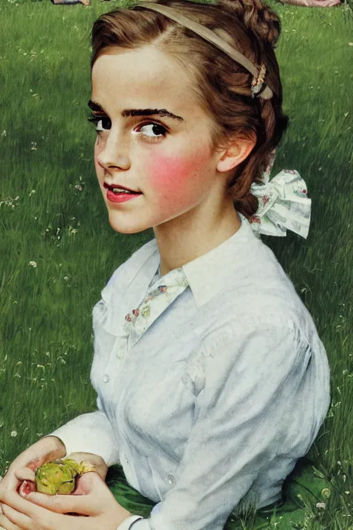 Image similar to photo photorealistic portrait photograph Emma Watson picnic in the green lawn 1950s portrait by Norman Rockwell